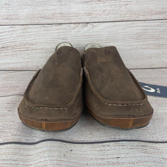 OluKai Moloā Mens Sz 8 Slippers Dark Wood Brown Leather Nubuck Shearling Lining main image 8